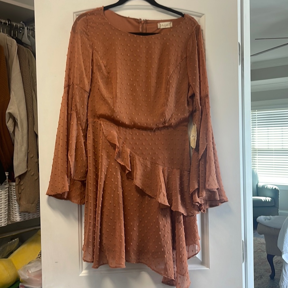 Bell sleeve rust colored mini dress